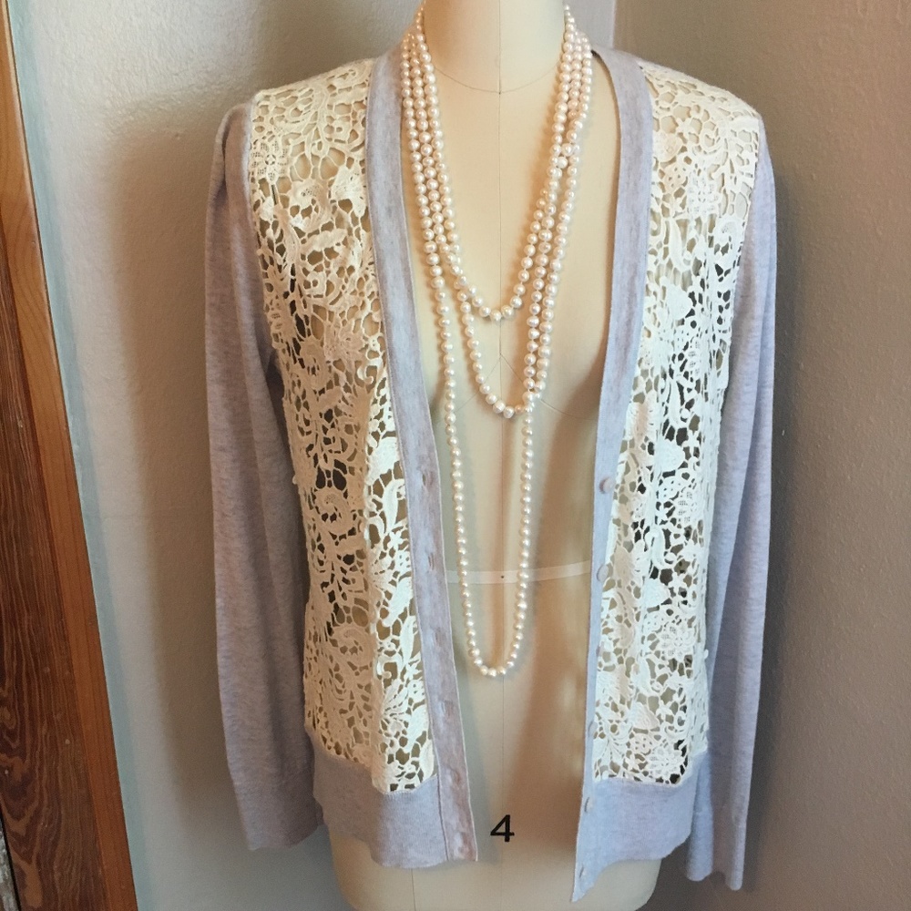 LOFT Grey Knit Cardigan with Lace Detail